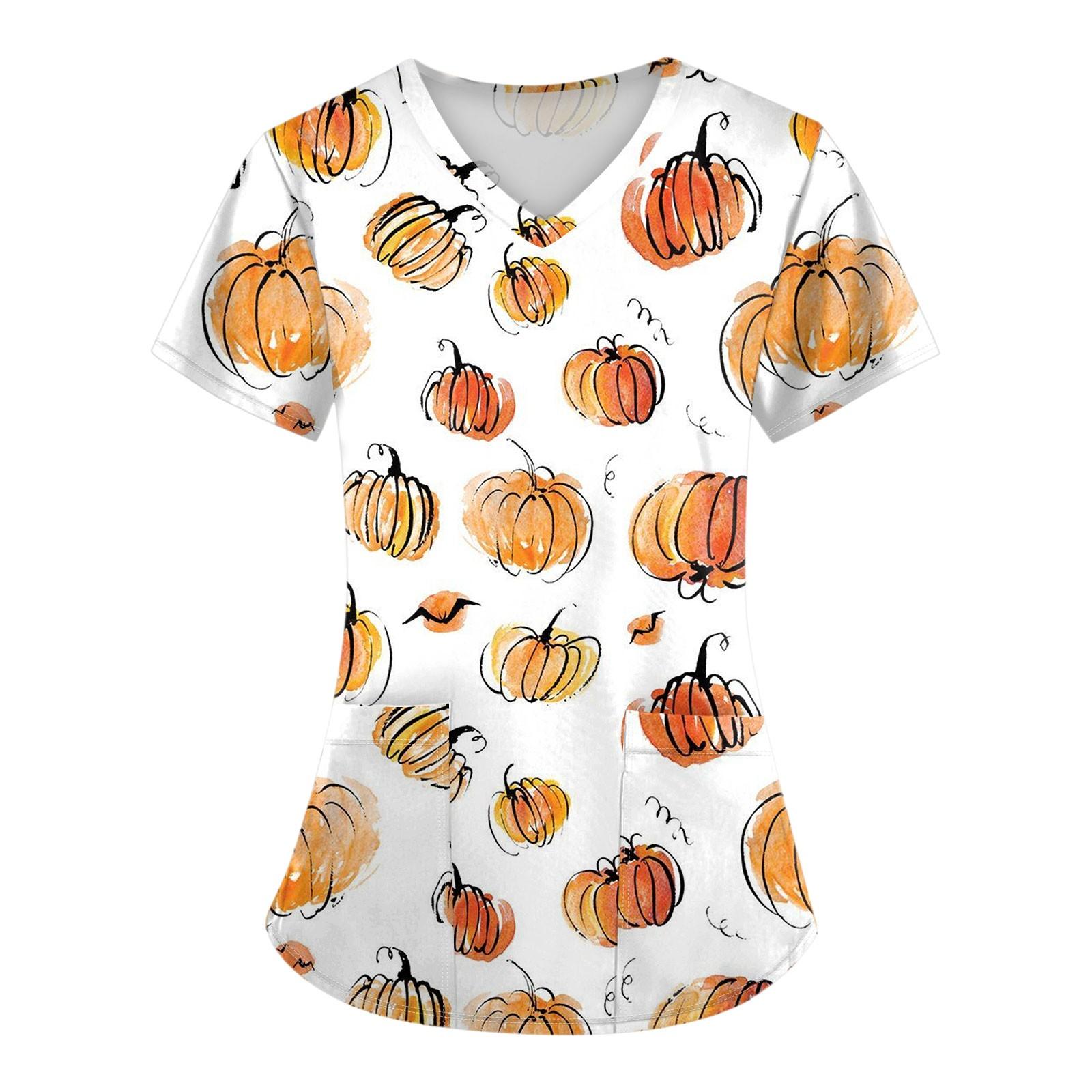 Женская униформа с коротким рукавом и принтом на Хэллоуин с V-образным вырезом и карманом — фото 4