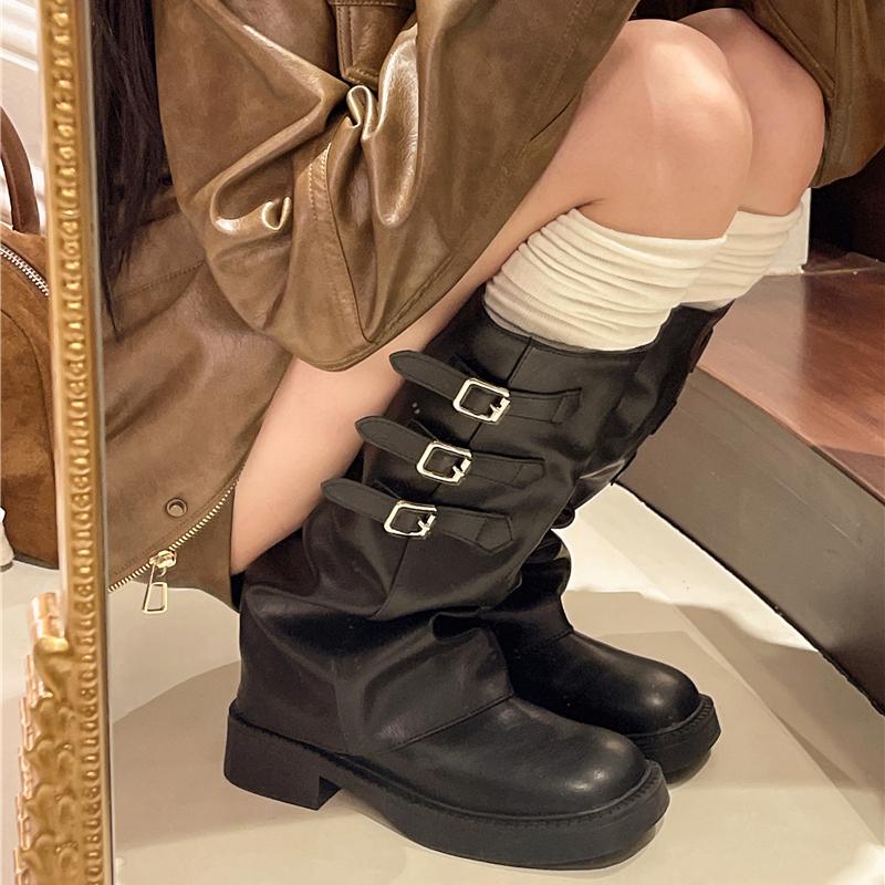 Móda Dámské kozačky Kozačky nad koleno Platforma Elegantní Nízký podpatek Trend Dámské Punk Kožené Módní boty pro ženy Boty Motocyklová obuv
