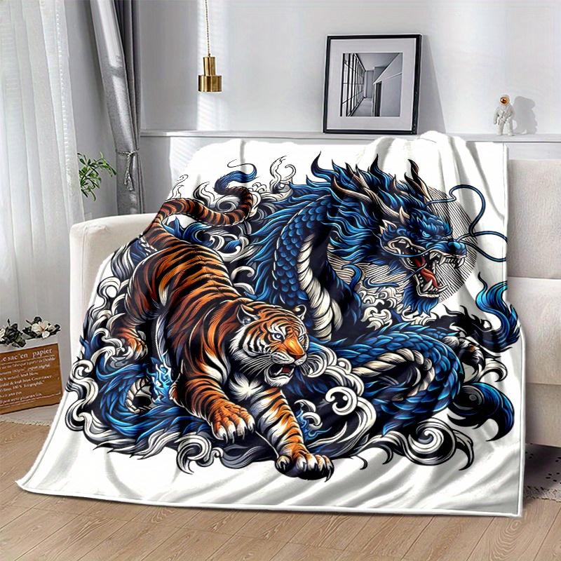 1 szt. Koc Niebieski Smok vs Tygrys Miękki koc do dekoracji pokoju, Idealny prezent, Salon, Podróż, Kemping, Kocy do samochodu