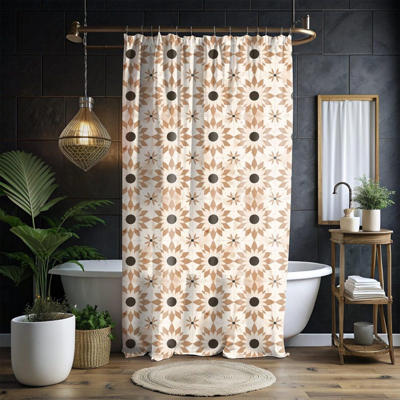 Neutraler Beiger Boho-Duschvorhang, Mid-Century Modern, Neutraler Duschvorhang, Minimalistische Badezimmerdekoration