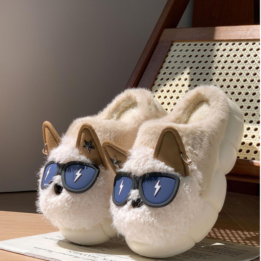 Lightning Dog Cartoon Plush Warm Cotton Slippers Winter Warm Home Indoor Cute Eye Dog Non-slip Cotton Shoes