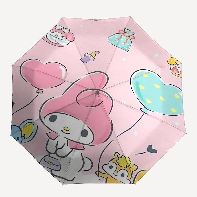 1pc My Melody Balloon Automatic Opening/Closing Umbrella with Cute Animal Friends, Portable Three-Fold Design, 8-Bone Iron Frame Outdoor Umbrella, Ide