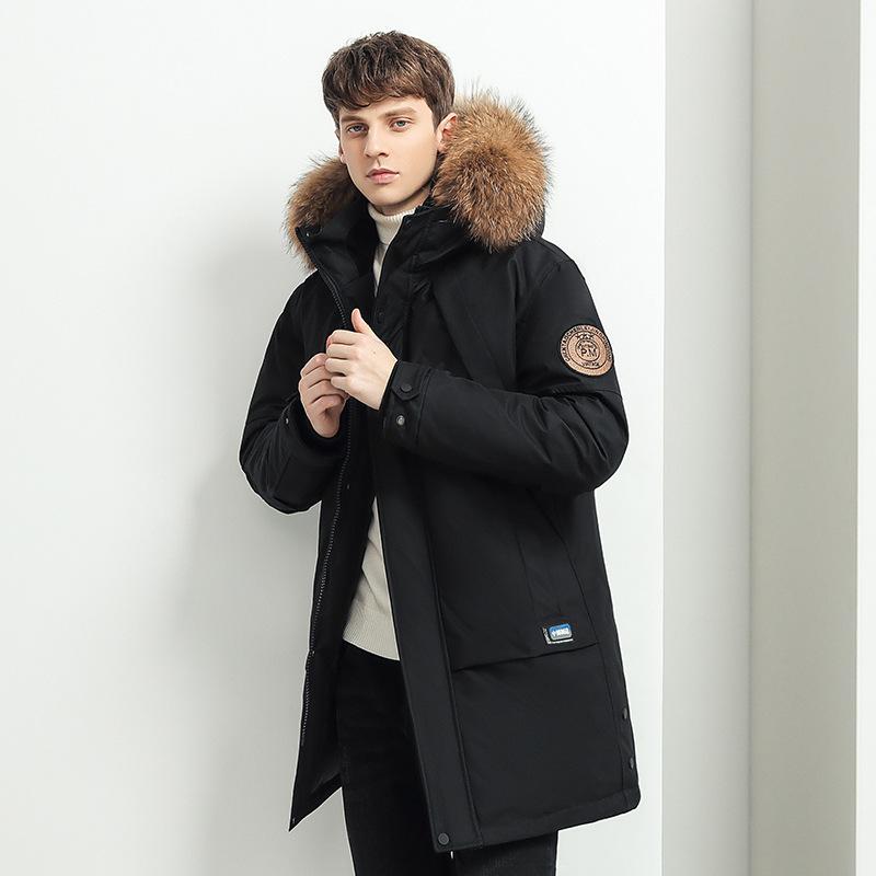 Men's Faux Fur Trim Hooded Long Puffer Jacket Solid Color Thick Winter Parka