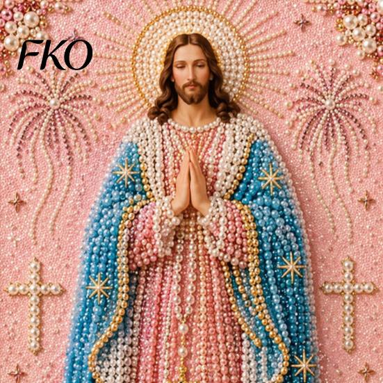 DIY Pearl Painting Kit for Adults Mary Kit, Divine Mercy Jesus Holy Art Religious Faith-based Craft Faux Set Beginners Christian Wall Decor