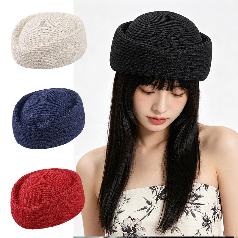 Simple solid color straw beret children spring and summer fashion casual painter bud hat stewardess hat shows small face