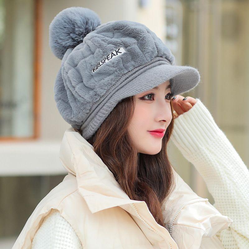 New Hat Women's Autumn and Winter Fashion Plush Warm Cap Cute Hairball Cold Ear Protection Hat Thick