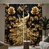 Set Of 2 Elegant Golden Peacock Print Curtains Pole Bag Home Decoration Room Curtain Polyester
