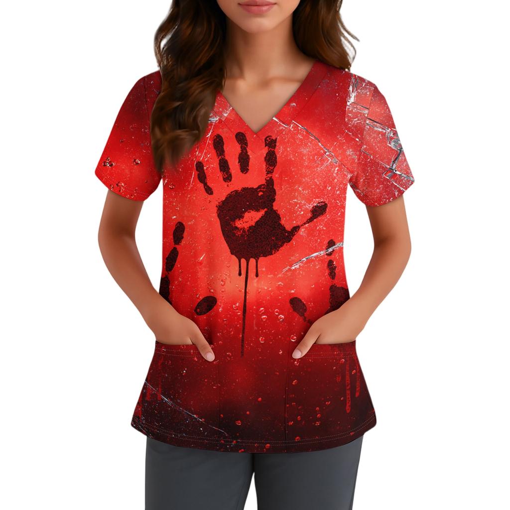 Women V Neck Short Sleeve Work Shirt with Pocket Halloween Printed Top for Nurse Healthcare Uniform Scrub Top