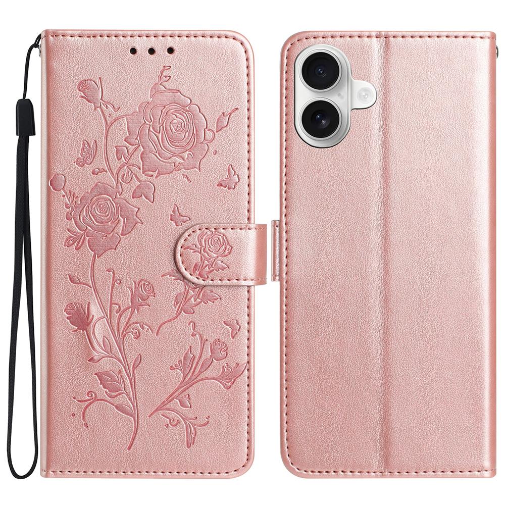 For iPhone 16 Plus Wallet Case Rose Pattern Imprinted Leather Flip Stand Phone Cover