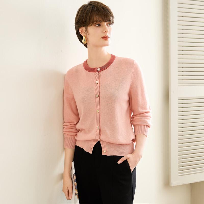 TUHUANG Women's Pure Wool Color Block Round Neck Cardigan