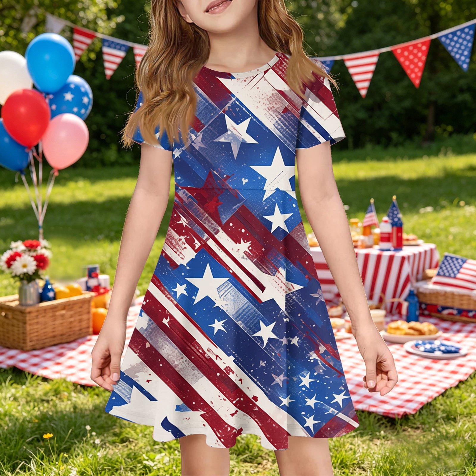 

Girls Short Sleeve Dress with Pocket Independence Day Floral Print Casual Summer Dress for Kids Comfortable Fit 150 синий