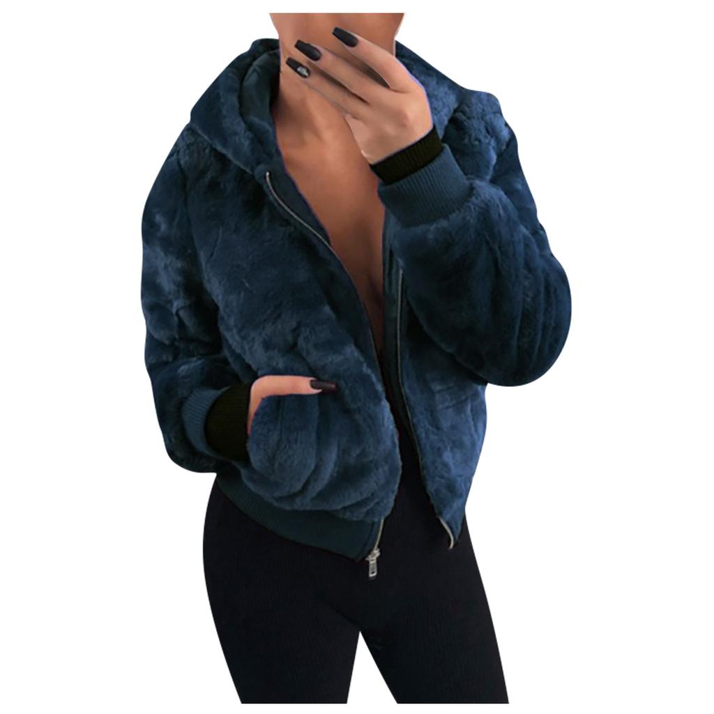 Dammode Casual Huva Dragkedja Fickor Enfärgad Långärmad Plyschkappa