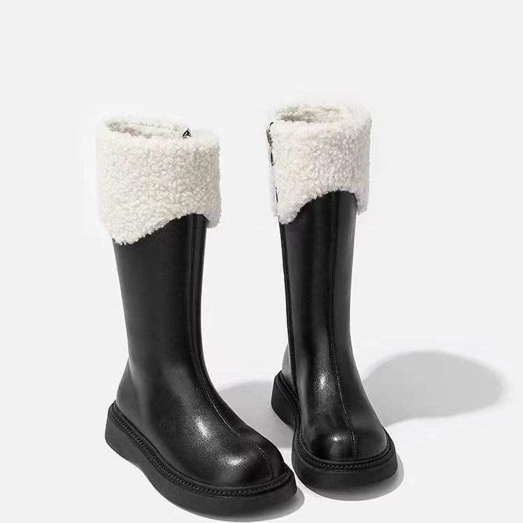 Женские кожаные ботинки большого размера с бархатом - Стильные высокие ботинки Мартинса для детей, Осень/Зима 2025 23.5cm (Size 37)