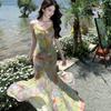 Seaside Vacation Smudge Elastic Mesh Waist Fishtail Suspender Dress Niche Long Dress Women