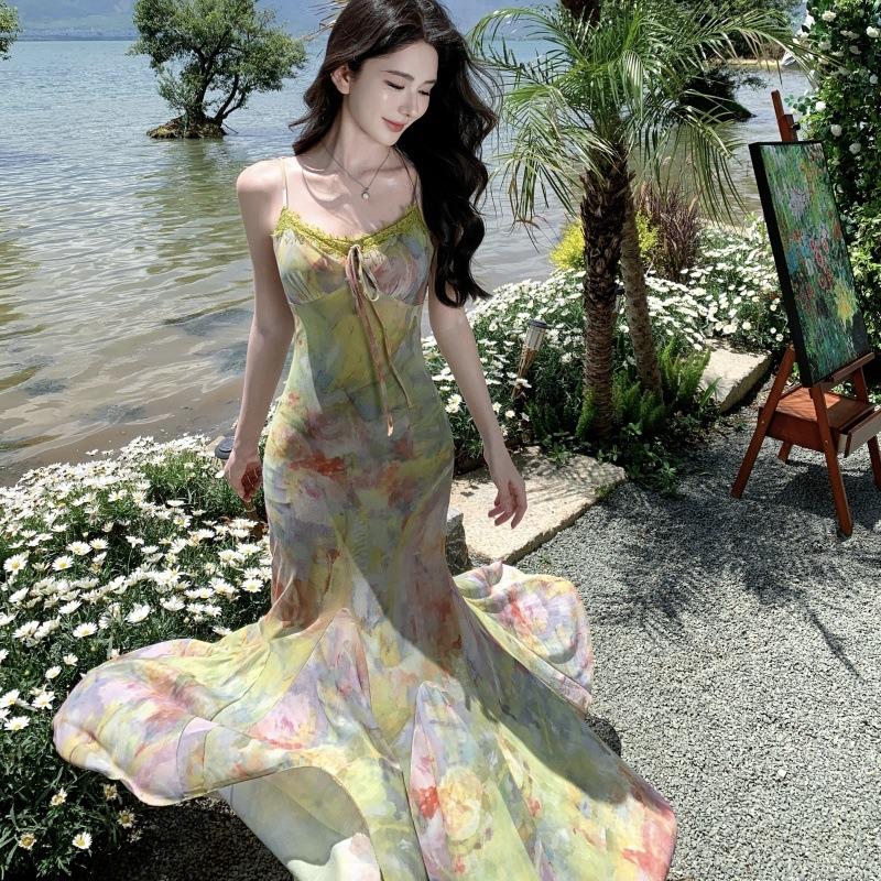 Seaside Vacation Smudge Elastic Mesh Waist Fishtail Suspender Dress Niche Long Dress Women