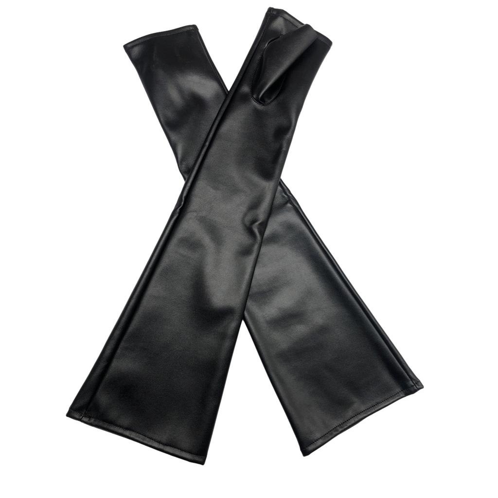 Černé PU umělé kůže Dlouhé návleky na ruce Maškarní kostým Cosplay Loketní rukavice bez prstů