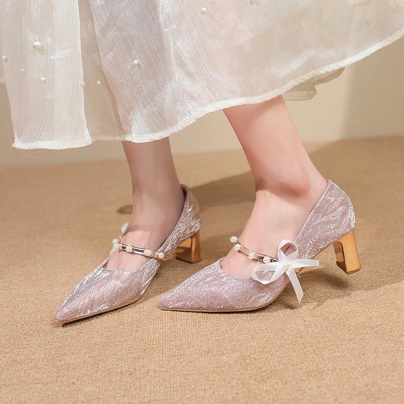Fashion French High Heels Feminine Premium Block Heel Wedding Shoes 2025 New One Word Strap Pointed Toe Single Shoes Silver