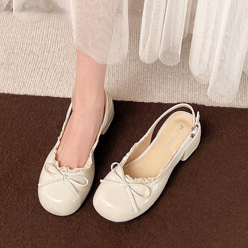 Fashion Fashion Retro Round Head Ballet Shallow Mouth Pumps Summer New Lace Mary Jane Middle-heeled Sandals Back Starp Women's Shoes