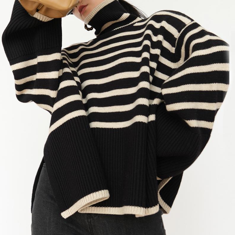 IHUASU Women's Striped Turtleneck Jumper Autumn and Winter Loose Design Niche Knitwear Pullover Jacket