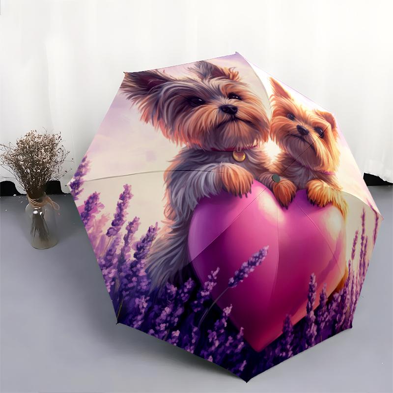 Yorkshire Terrier and Heart pattern, automatic folding umbrella, portable and foldable design, 8 ribs, a Christmas or birthday gift.