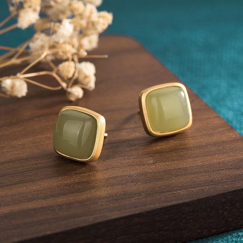 PANJBJ 925 Sterling Silver Hotan Jade Stud Earring for Women Girl Round Vintage Luxury Jewelry Banquet Gift Dropshipping