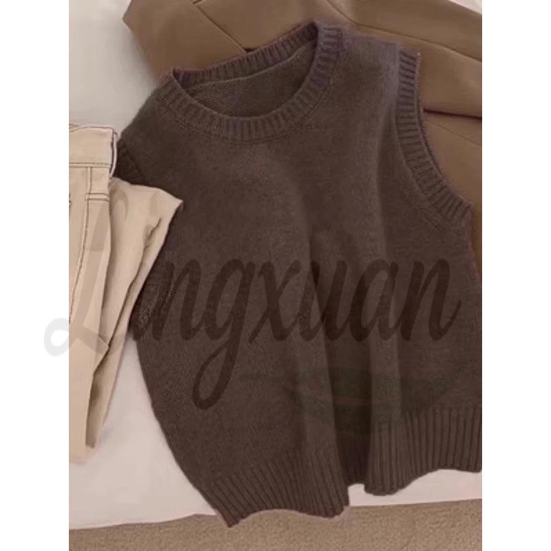 

Women s Retro Knit Round Neck Vest - Soft, Loose, Sleeveless Tank for Autumn/Winter One Size кофейный
