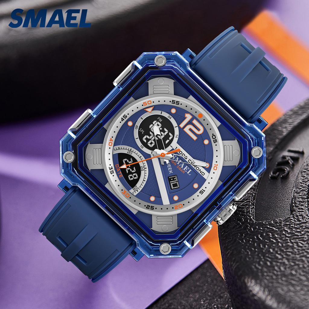 SMAEL 8121 Trendy Multifunction Men's Watch Dual Display Silicone Strap Waterproof Sporty Outdoor Male Watches Gift