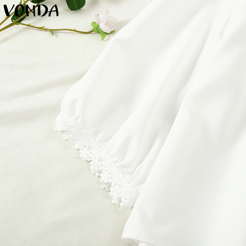 VONDA Damen Sommer Rundhals Spitze Kurzarm Einfarbig Blusen