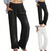 Damen Elastische Hose mit Hohem Bund Lässige Passform Weites Bein Lange Hose Hose mit Taschen