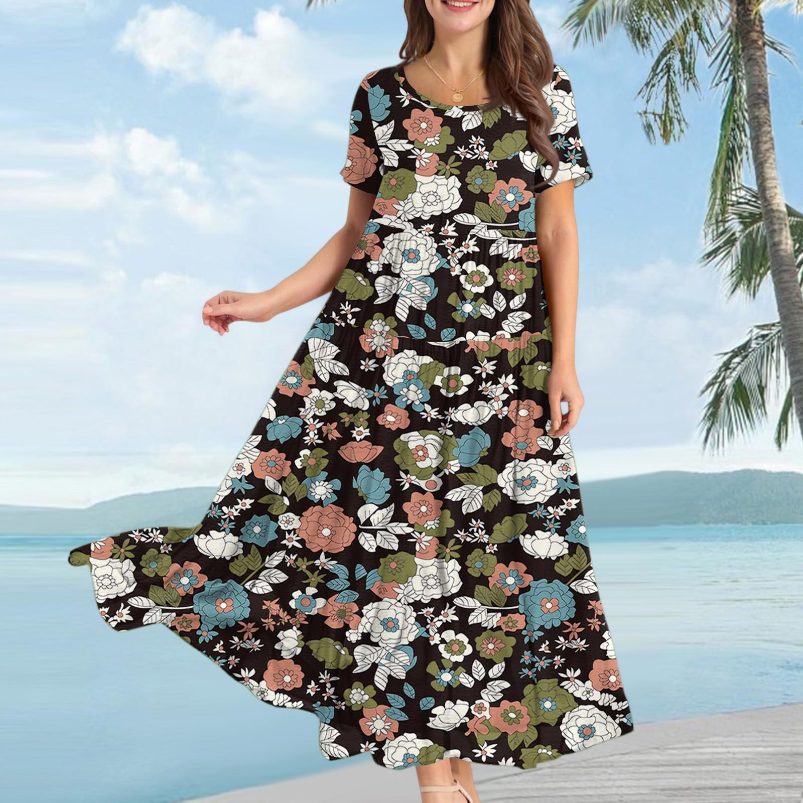 

Женское повседневное свободное богемное платье с цветочным принтом, длинное макси-платье с коротким рукавом, летнее пляжное платье-качели XL