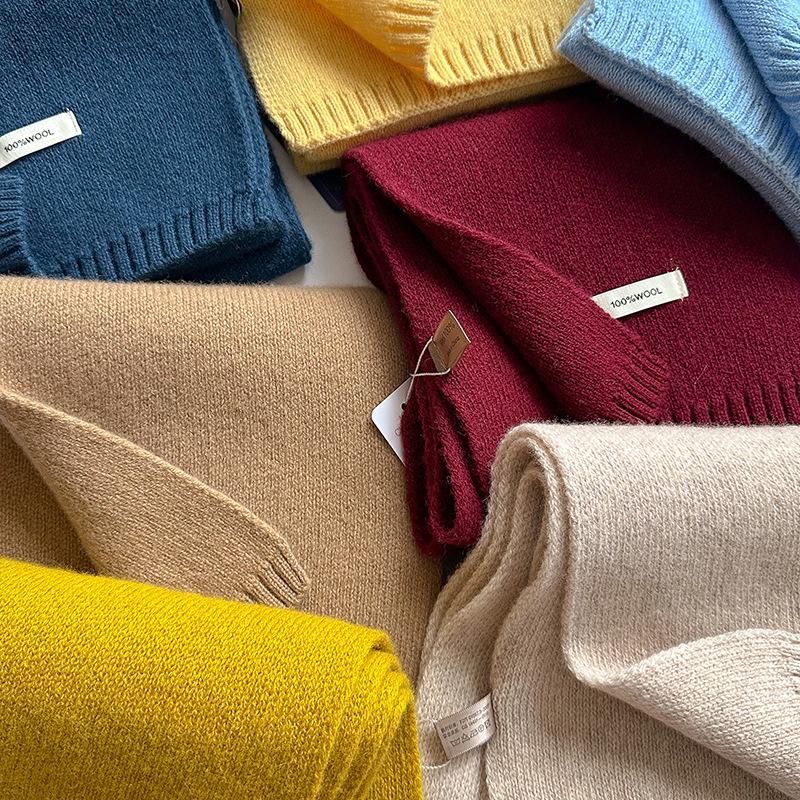 Australian Wool Small Scarf Women'S Winter Solid Color Knitted Scarf Korean Version Thickened Warm Neck Protection