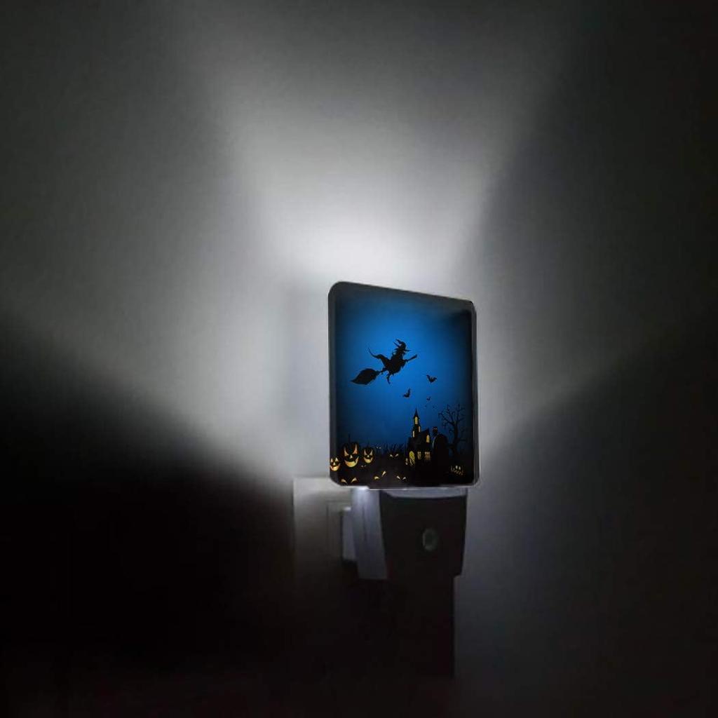 Castle and Witch Plug-in Night Light Auto Dusk to Dawn Orange Pumpkin Black Bats Halloween Night Lights Smart Sensor Led Nightlight Lamp for Bedroom
