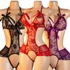 Sensual Deep-V One-Piece Bra And Panty Set Women'S Sexy Lingerie Ultra-Thin Sheer Bodysuit Lace-Up Backless Crotchless Underwear