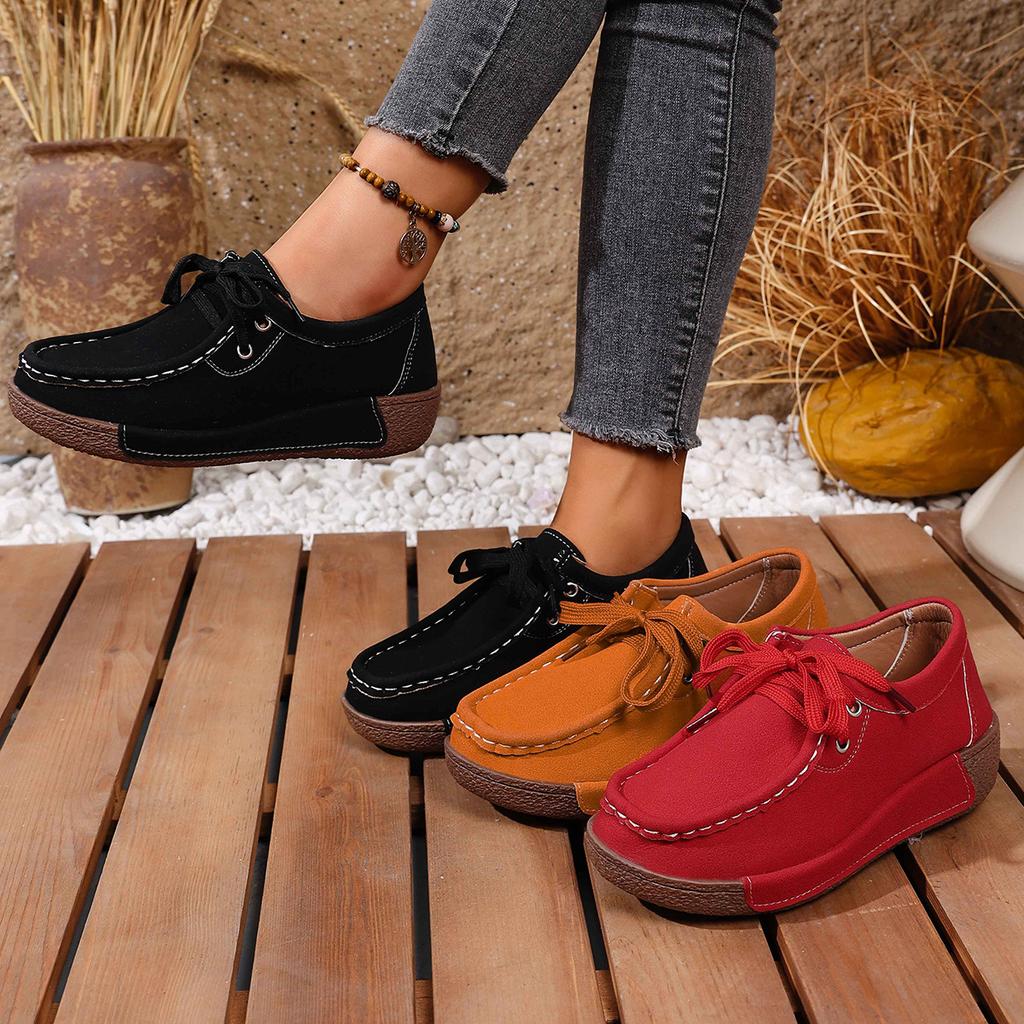 2025 Autumn Velvet Lace-up Casual Shoes Leather Round Head Rockers Women's Shoes Muffin Thick-soled Wedge Heel Mother Shoes