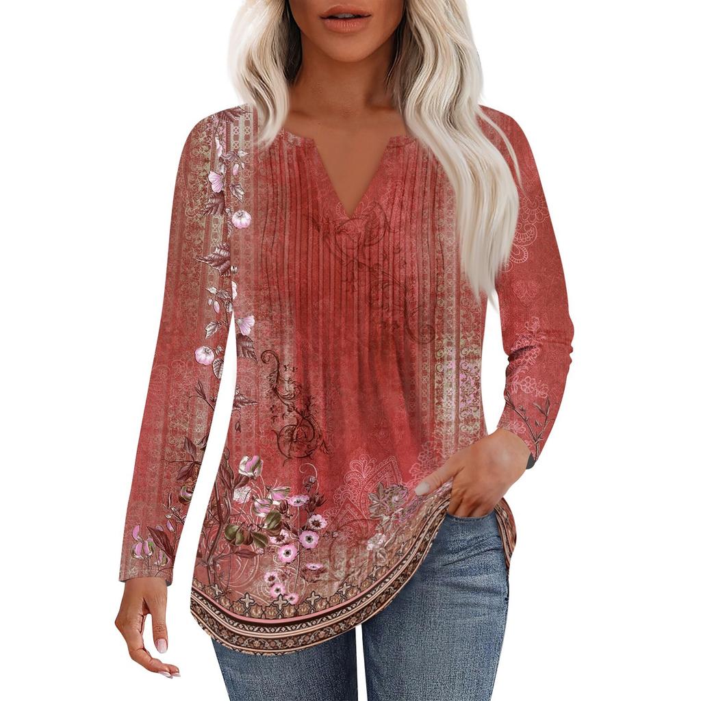 Damenmode Lässig Plissiert V-Ausschnitt Einfarbig Langarm T-Shirt Elegante Oberteile