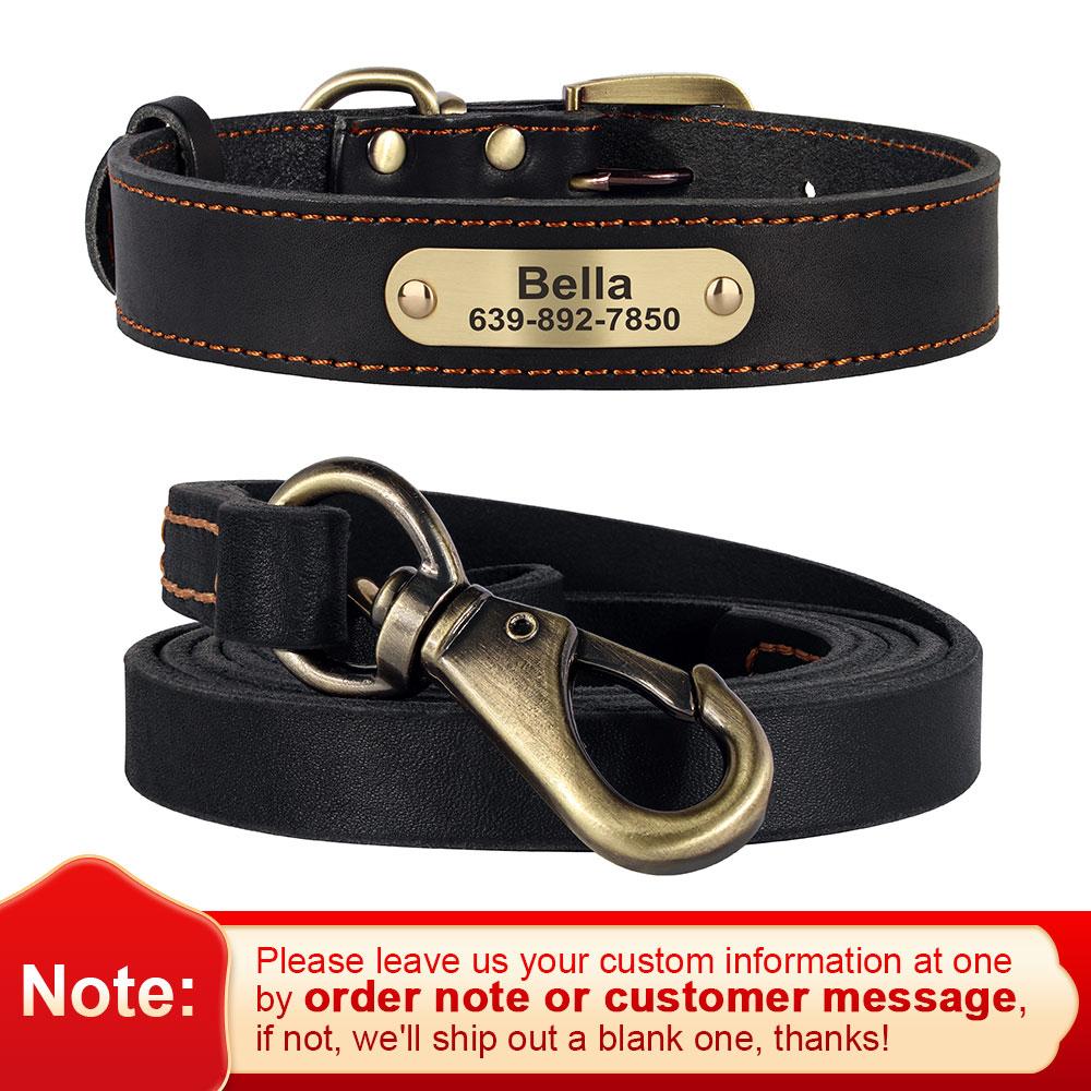 Personalized Dog Collar Leash Set Durable Genuine Leather Dog Collars Engraved Pet ID Necklace With Lead For Small Large Dogs
