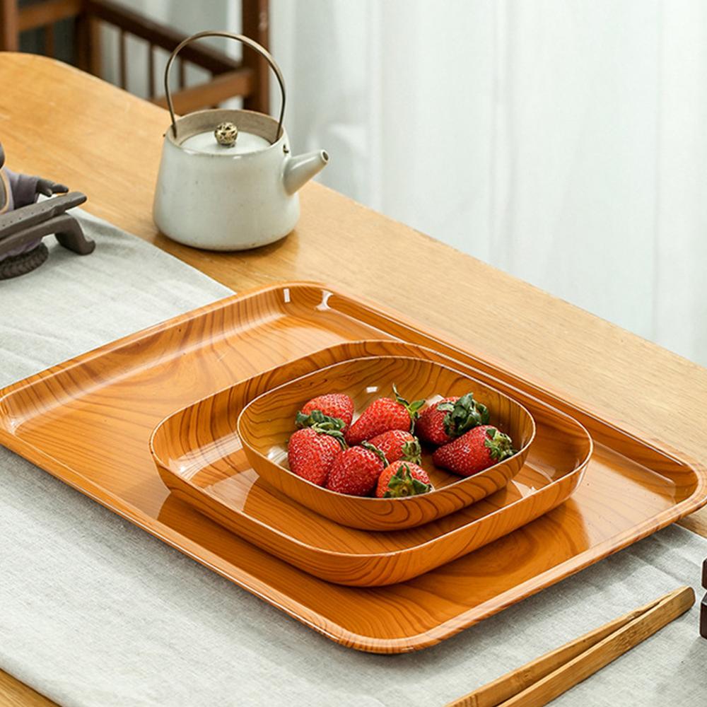 Kitchen Wood Grain Plastic Square Tray Plate Dried Fruit Fruit Cake Snack Plates Simple Snack Tea Art Dish Bone Spitting Dish