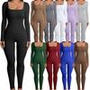 Women's Ribbed Square Neck Backless Butt-Lifting Jumpsuit - Slim Fit, Long Sleeve