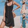 Vestidos Casuais Femininos de Moda Verão Primavera Cor Sólida Estampa Decote U Sem Mangas