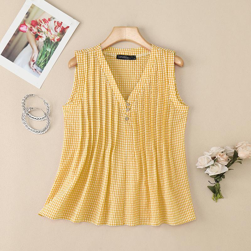 

ZANZEA Women Casual V-neck Summer Sleeveless Plaid Print Tank Tops 4XL жовтий