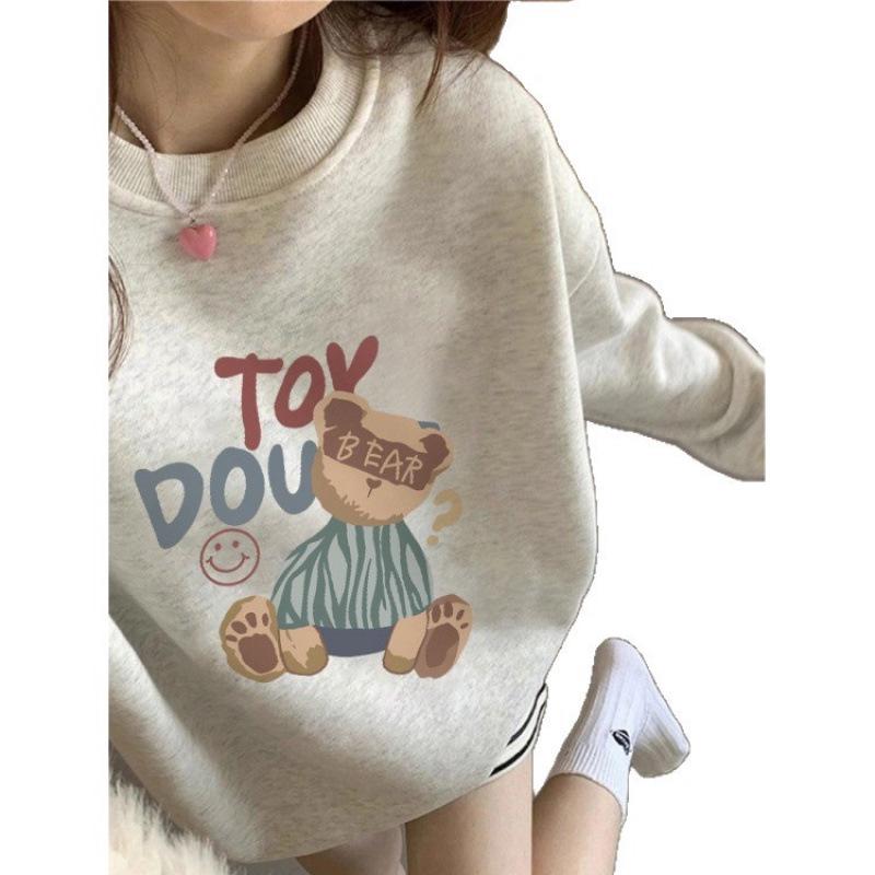 Women's Fleece-Lined Sweatshirt: Cartoon Cat, White & Gray, Long Sleeve, Round Neck, Autumn/Winter 2025 Style