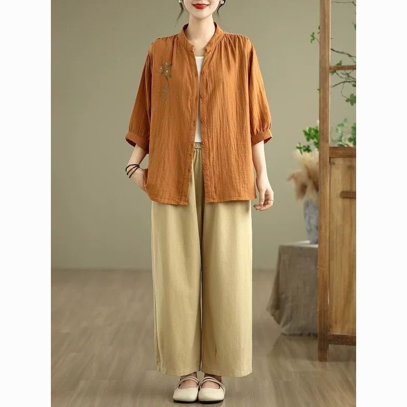 Leinen Stickerei Hemd Damen Locker Mittellang Ärmel Vintage Bohemian Freizeit Bluse