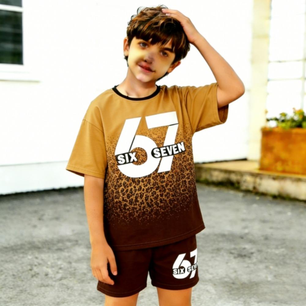 Fashion 67 Leopard Colorful Gradient Printed Kids T-shirt and Shorts 2 Piece Set Summer Casual Outfit for Boy's and Girl's Kids Clothing Top