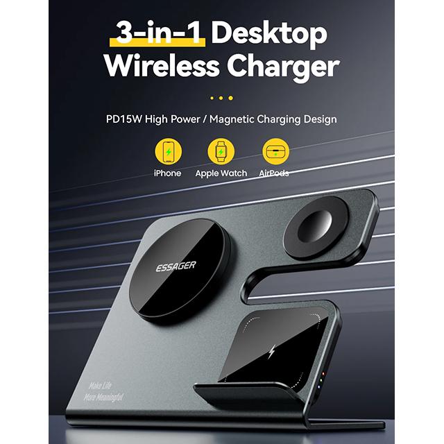 Essager Încărcător magnetic de birou fără fir 3 în 1 PD15W Stație de încărcare rapidă pentru iPhone 15 14 13 12 Pro Max Apple Watch Airprods