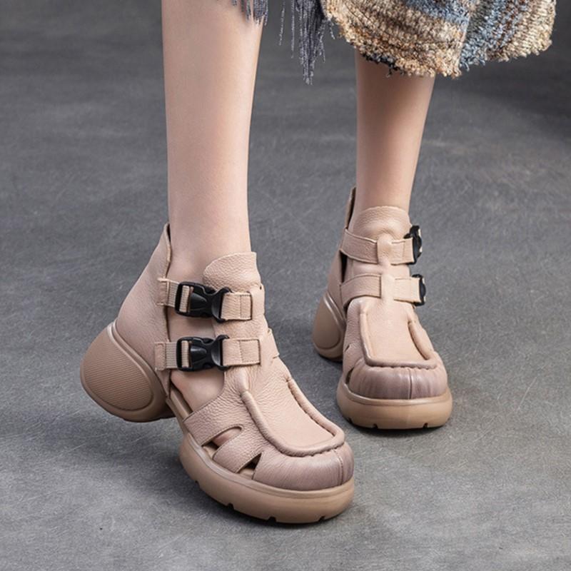 Johnature Retro Dickbesohlte Hohl Atmungsaktive Sandalen Echtes Leder Bequeme Vielseitige Damenschuhe