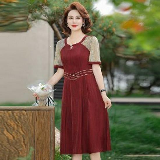 

2026 Summer Chinese Style Short-Sleeve Dress for Middle-Aged & Elderly Women - Elegant, Plus Size, Slimming Mother s Wear 3XL червоний