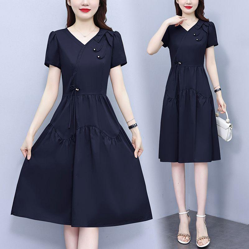 Summer French Elegant Temperament Fashion Casual Dress Age Reducing High Waist Slimming Mid Length Dress for Ladies