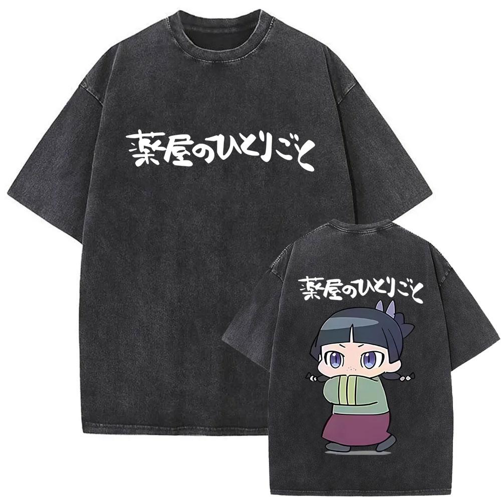 Gewaschenes Vintage Japanischer Anime The Apothecary Diaries Maomao Doppelseitiger Druck T-Shirt Herren Damen Freizeit Kawaii Lustige T-Shirts