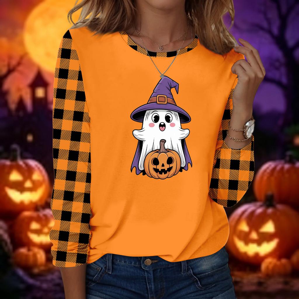 Women's Casual Long Sleeve Halloween Print Round Neck T-Shirt for Fall Everyday Wear