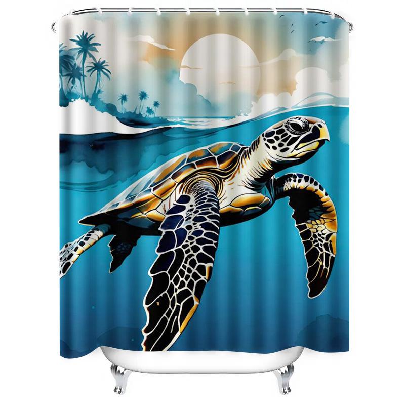 Ocean Turtle with Tropical Sunset Shower Curtain - Waterproof and Mildew-Resistant Bathroom Decor